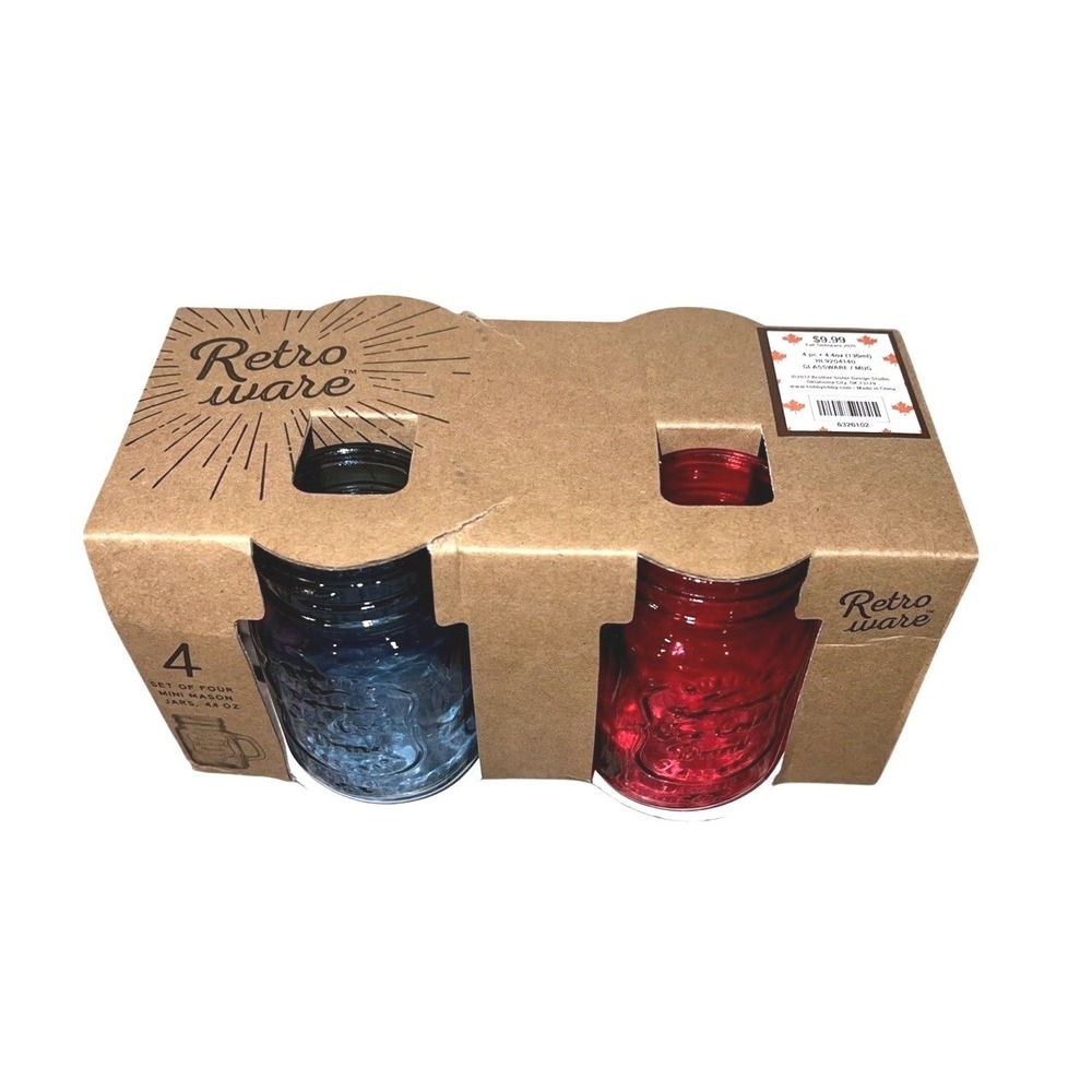 Set of‎ 4 Mini Multi-Color Mason Jar Glass Mugs 4.4 oz. Red Green Blue Brown New